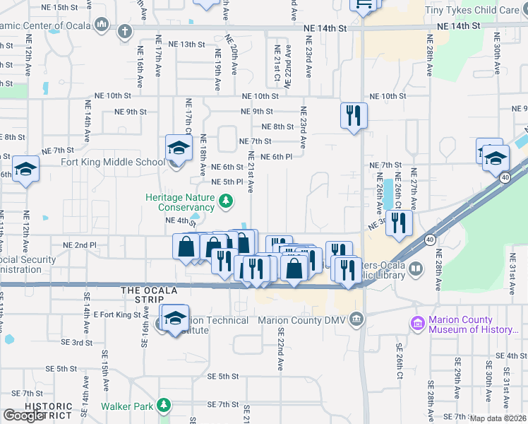 map of restaurants, bars, coffee shops, grocery stores, and more near 507 Northeast 21st Avenue in Ocala