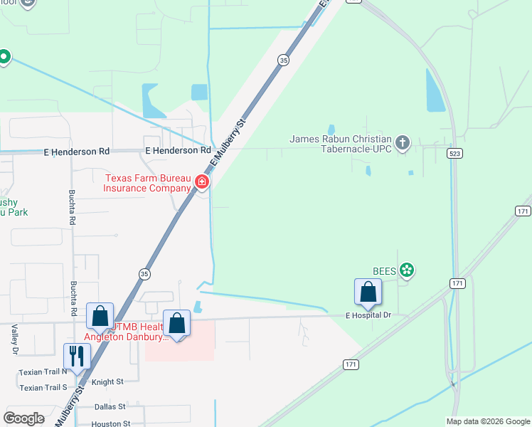 map of restaurants, bars, coffee shops, grocery stores, and more near 599 County Road 443 in Angleton