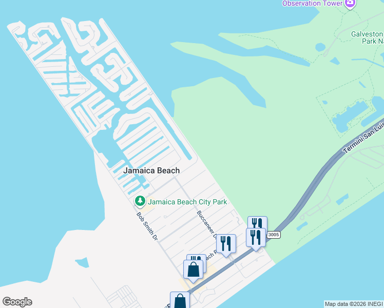map of restaurants, bars, coffee shops, grocery stores, and more near 4907 Jolly Roger Road in Galveston