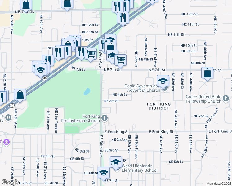 map of restaurants, bars, coffee shops, grocery stores, and more near 3733 Northeast 4th Street in Ocala