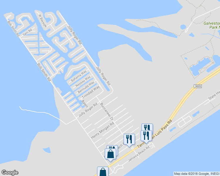 map of restaurants, bars, coffee shops, grocery stores, and more near 4907 Jolly Roger Road in Galveston