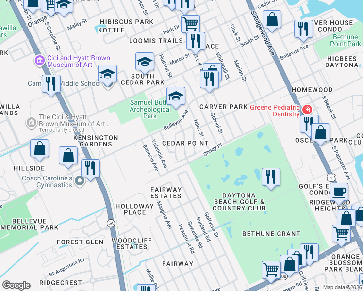 map of restaurants, bars, coffee shops, grocery stores, and more near 904 Lockhart Street in Daytona Beach