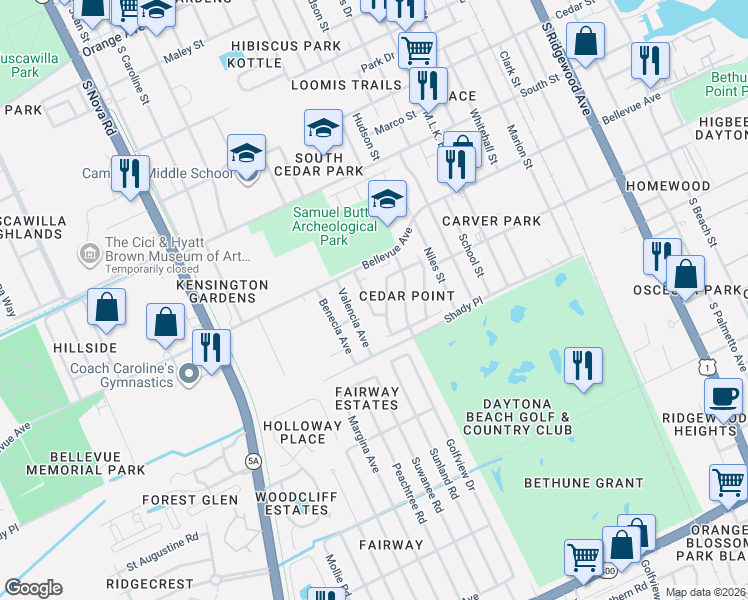map of restaurants, bars, coffee shops, grocery stores, and more near 901 Lora Street in Daytona Beach