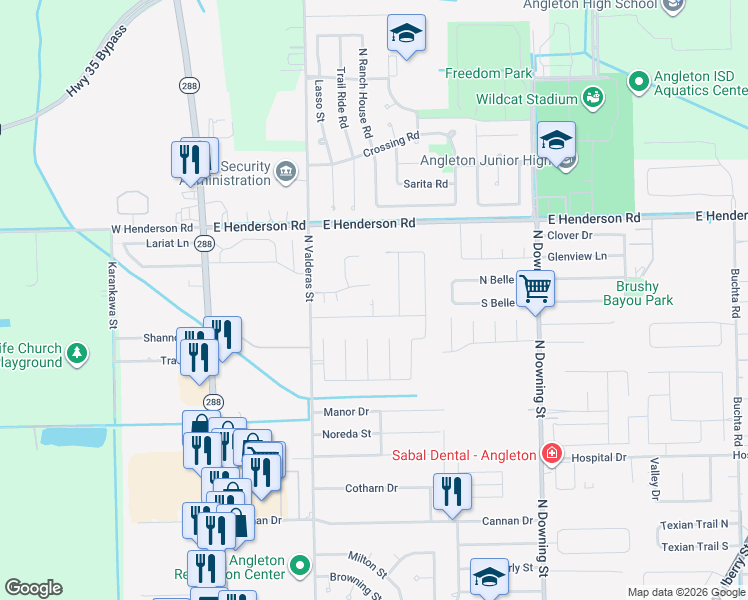 map of restaurants, bars, coffee shops, grocery stores, and more near 9 Harvest Glen in Angleton
