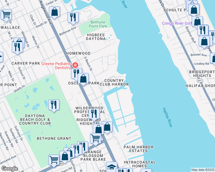 map of restaurants, bars, coffee shops, grocery stores, and more near 1225 South Beach Street in Daytona Beach