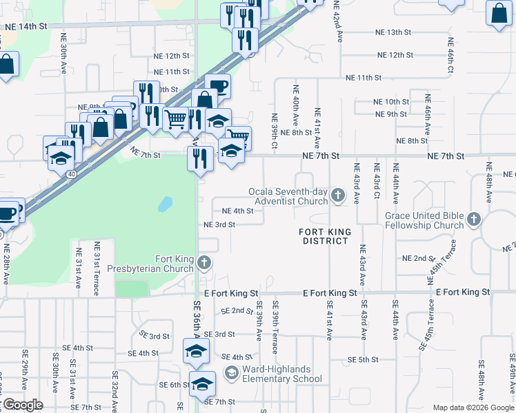 map of restaurants, bars, coffee shops, grocery stores, and more near 3849 Northeast 5th Street in Ocala