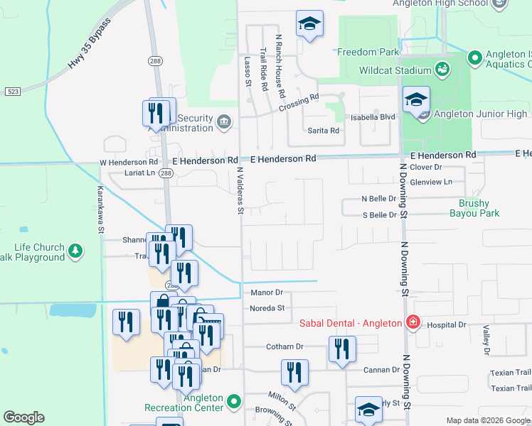 map of restaurants, bars, coffee shops, grocery stores, and more near 9 Harvest Glen in Angleton