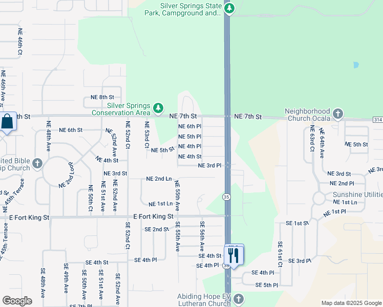 map of restaurants, bars, coffee shops, grocery stores, and more near 5621 Northeast 4th Place in Ocala