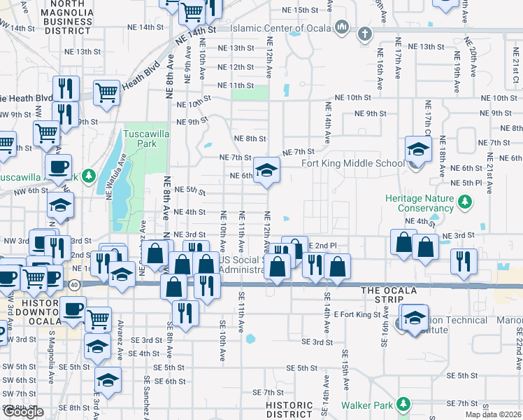 map of restaurants, bars, coffee shops, grocery stores, and more near 416 Northeast 12th Avenue in Ocala