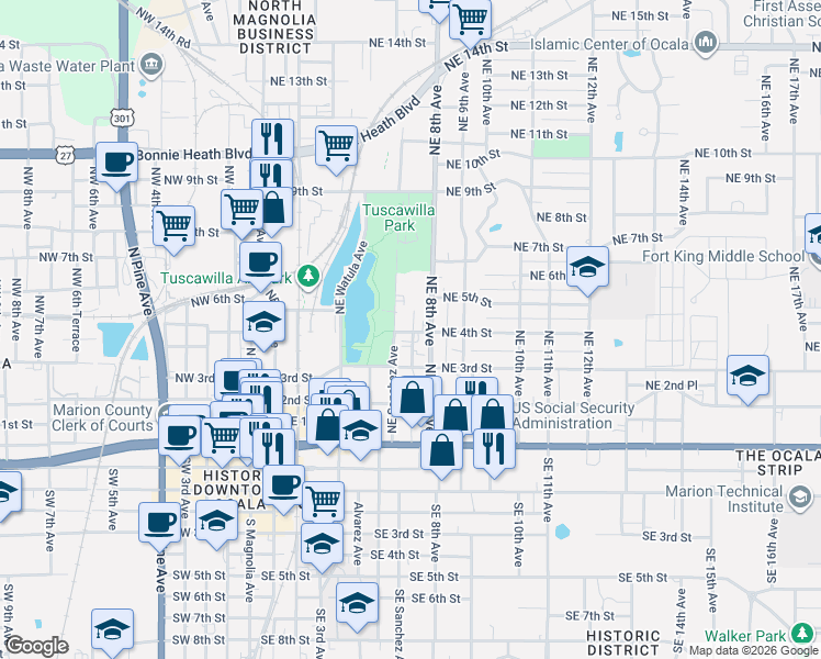 map of restaurants, bars, coffee shops, grocery stores, and more near 501 Northeast Sanchez Avenue in Ocala