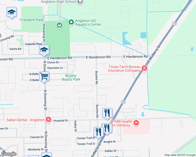 map of restaurants, bars, coffee shops, grocery stores, and more near 104 La Laja Drive in Angleton