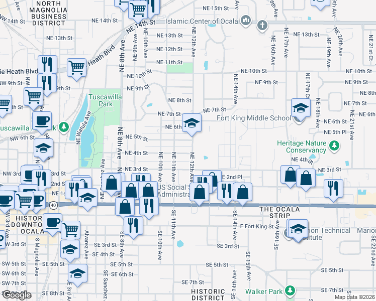 map of restaurants, bars, coffee shops, grocery stores, and more near 416 Northeast 12th Avenue in Ocala