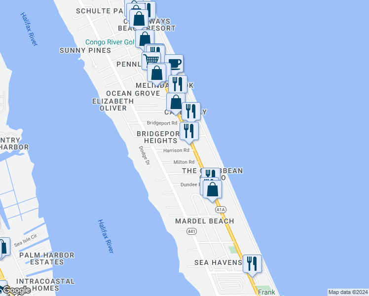 map of restaurants, bars, coffee shops, grocery stores, and more near 131 Harrison Road in Daytona Beach