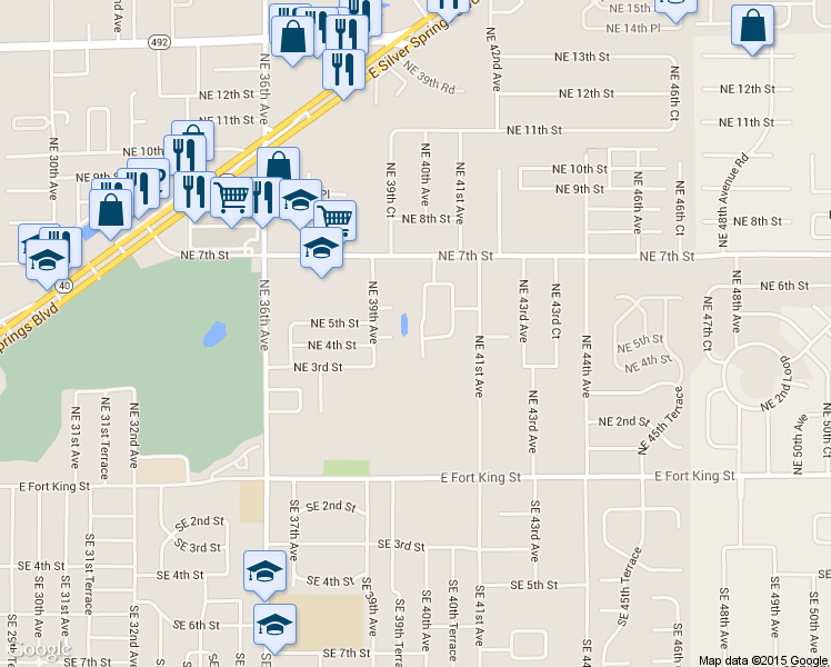 map of restaurants, bars, coffee shops, grocery stores, and more near 410 Northeast 40th Avenue in Ocala