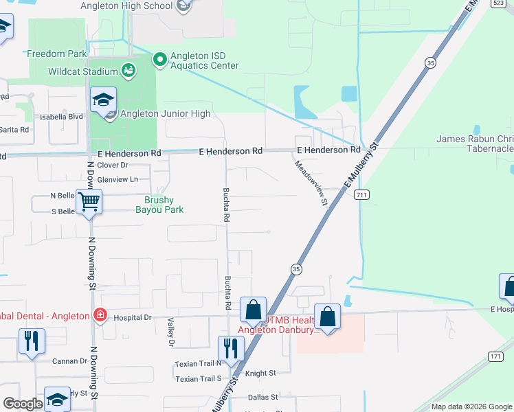 map of restaurants, bars, coffee shops, grocery stores, and more near 9 North Cay in Angleton