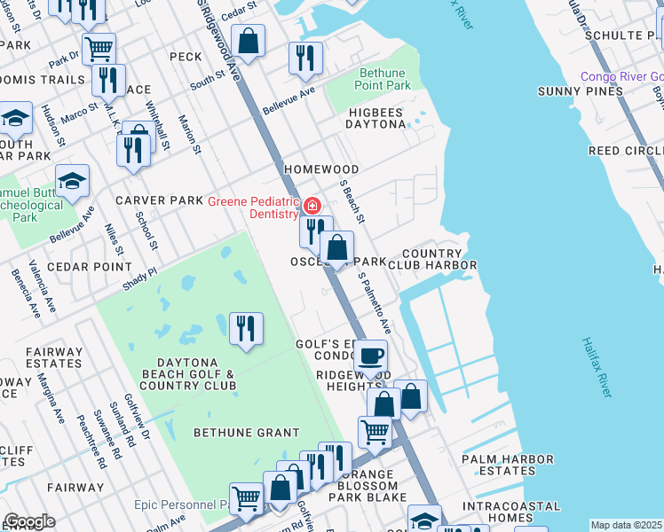 map of restaurants, bars, coffee shops, grocery stores, and more near 1132 Martha Drive in Daytona Beach