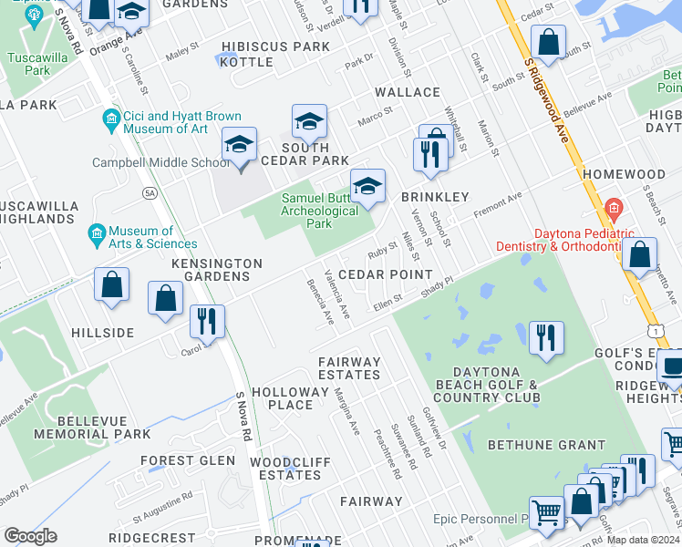 map of restaurants, bars, coffee shops, grocery stores, and more near 901 Lora Street in Daytona Beach