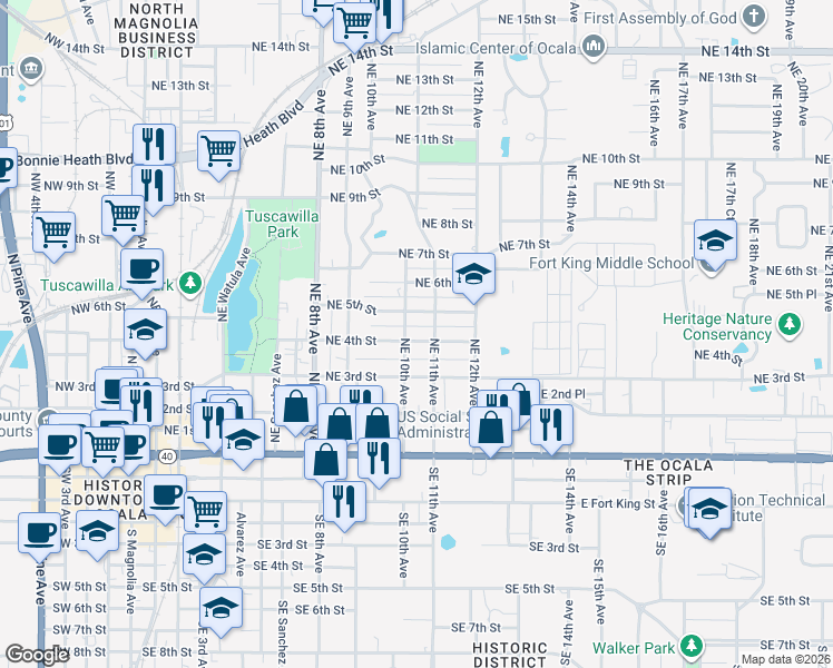 map of restaurants, bars, coffee shops, grocery stores, and more near 1013 Northeast 4th Street in Ocala