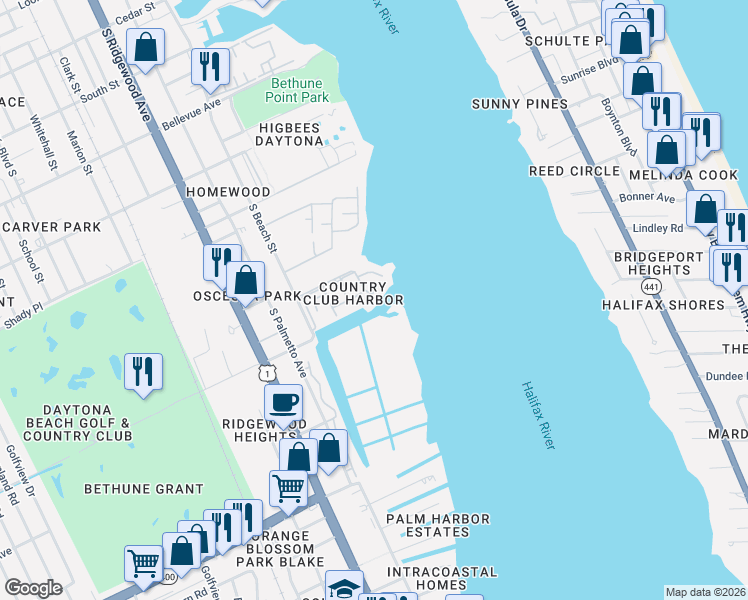map of restaurants, bars, coffee shops, grocery stores, and more near 1268 South Beach Street in Daytona Beach