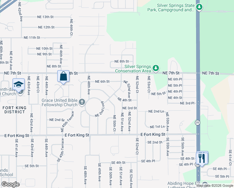 map of restaurants, bars, coffee shops, grocery stores, and more near 410 Northeast 5th Place in Ocala