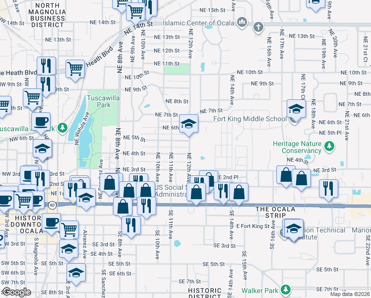map of restaurants, bars, coffee shops, grocery stores, and more near 416 Northeast 12th Avenue in Ocala