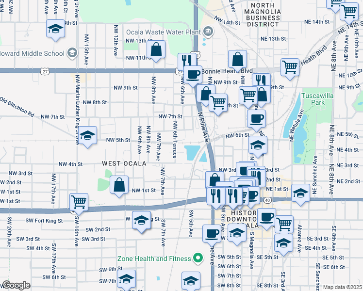 map of restaurants, bars, coffee shops, grocery stores, and more near 511 Northwest 4th Street in Ocala