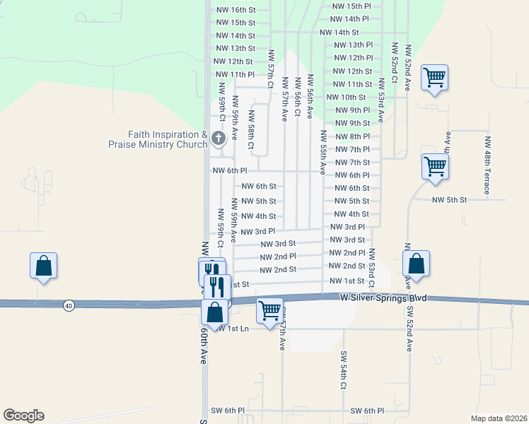 map of restaurants, bars, coffee shops, grocery stores, and more near 5763 Northwest 4th Street in Ocala