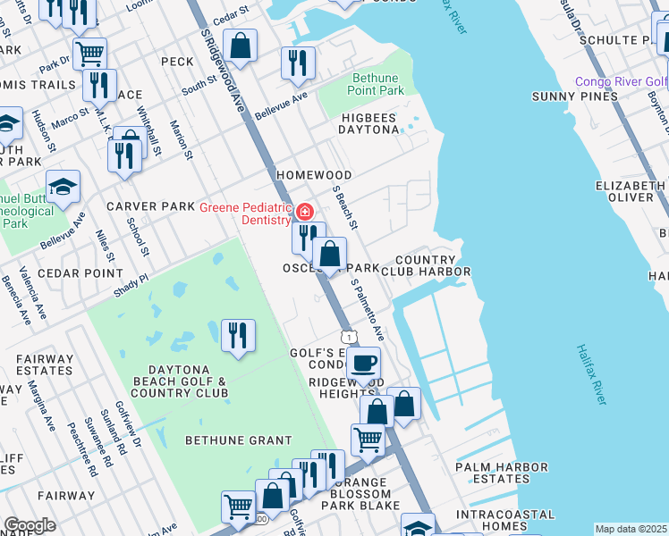 map of restaurants, bars, coffee shops, grocery stores, and more near 1132 Martha Drive in Daytona Beach