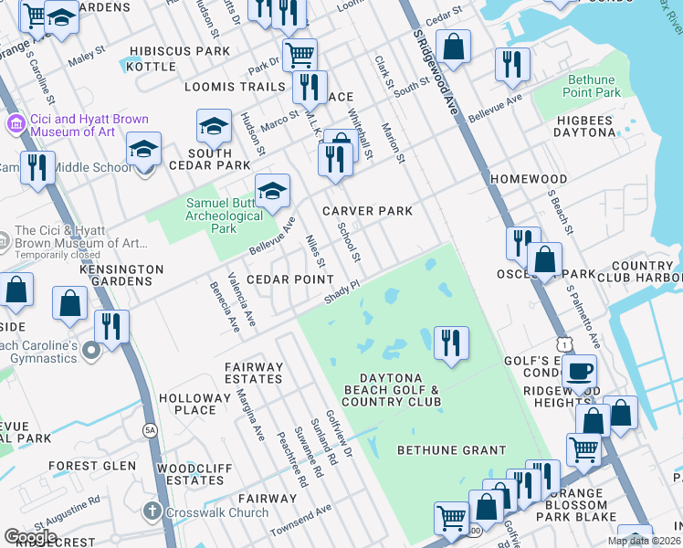 map of restaurants, bars, coffee shops, grocery stores, and more near 935 Vernon Street in Daytona Beach