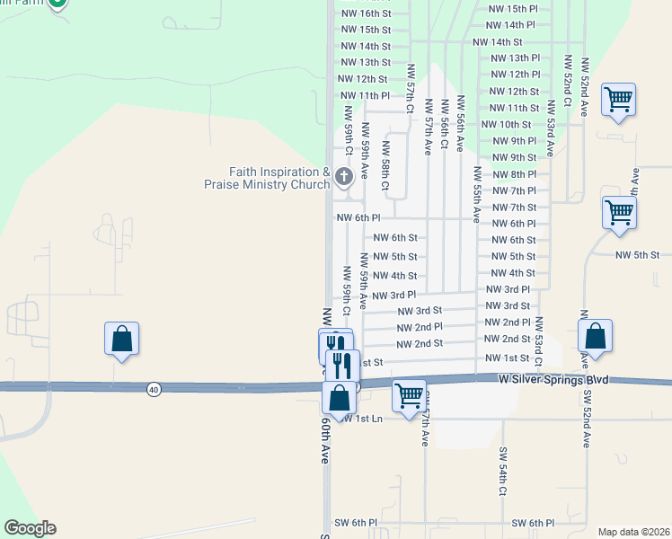 map of restaurants, bars, coffee shops, grocery stores, and more near 470 Northwest 59th Court in Ocala