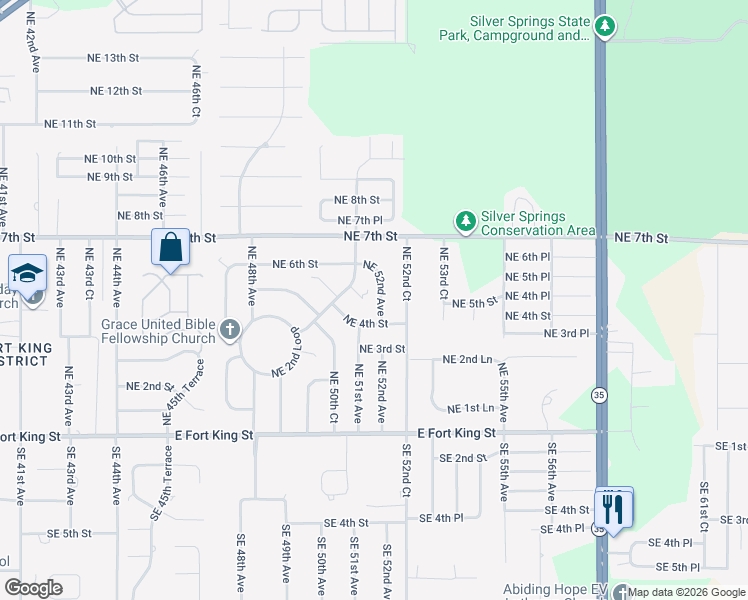map of restaurants, bars, coffee shops, grocery stores, and more near 430 Northeast 52nd Avenue in Ocala