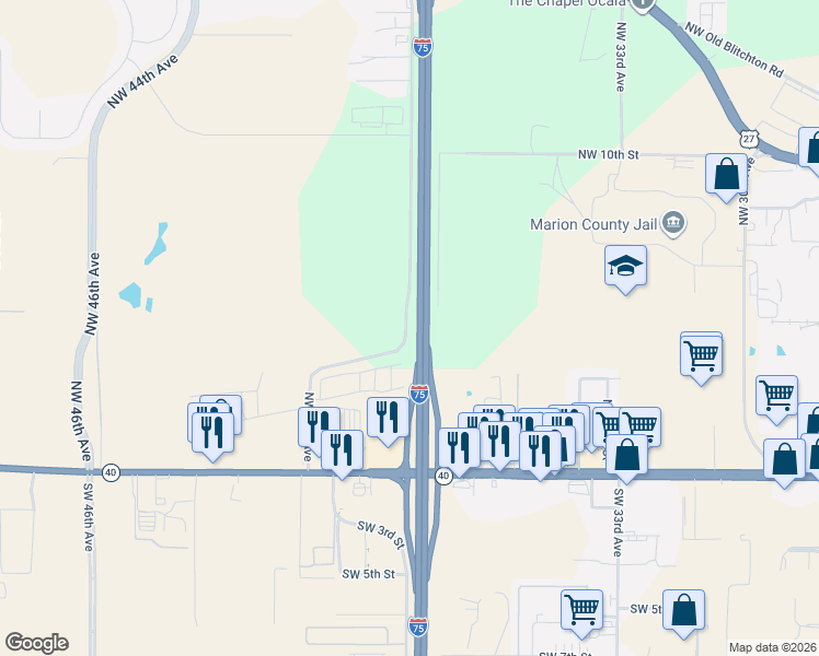 map of restaurants, bars, coffee shops, grocery stores, and more near Interstate 75 in Ocala