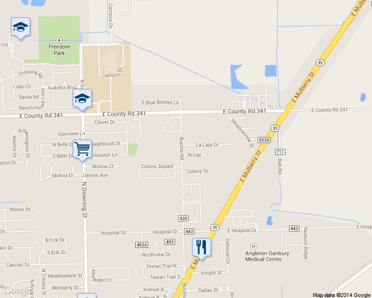map of restaurants, bars, coffee shops, grocery stores, and more near 104 La Laja Dr in Angleton