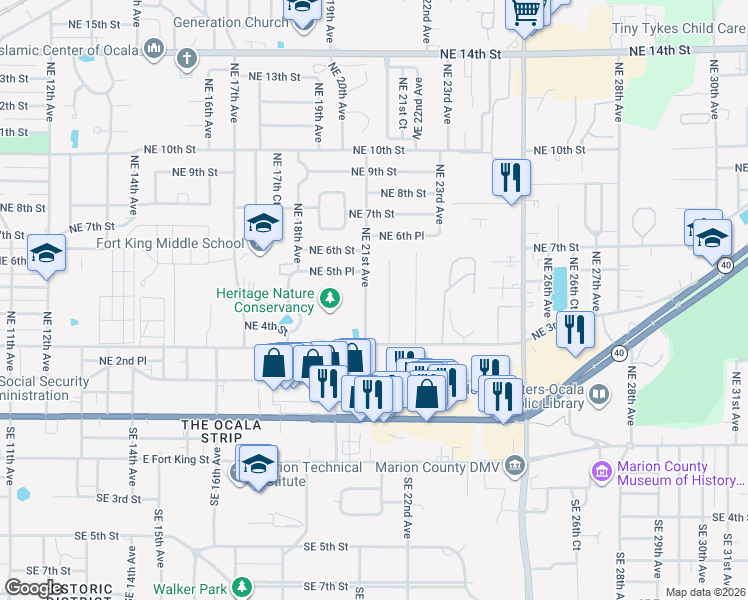 map of restaurants, bars, coffee shops, grocery stores, and more near 507 Northeast 21st Avenue in Ocala