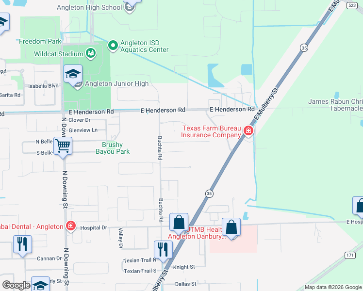 map of restaurants, bars, coffee shops, grocery stores, and more near 204 La Laja Dr in Angleton