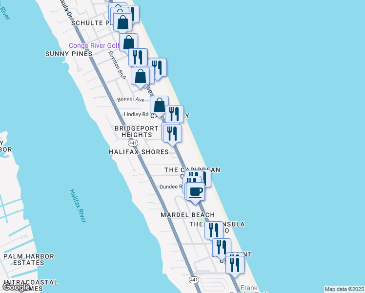map of restaurants, bars, coffee shops, grocery stores, and more near 2323 South Atlantic Avenue in Daytona Beach Shores