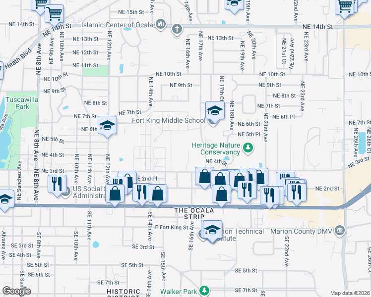 map of restaurants, bars, coffee shops, grocery stores, and more near 434 Northeast 15th Court in Ocala