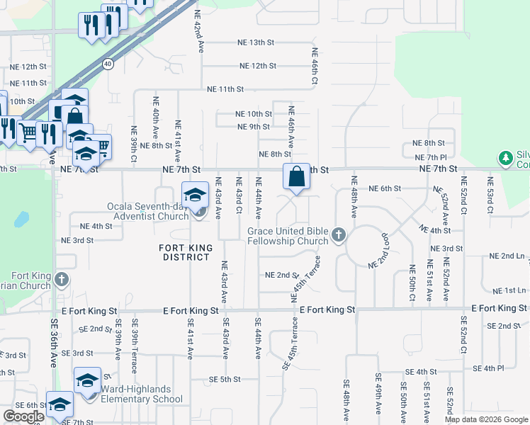 map of restaurants, bars, coffee shops, grocery stores, and more near 425 Northeast 44th Avenue in Ocala