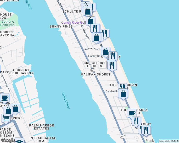 map of restaurants, bars, coffee shops, grocery stores, and more near 2320 South Halifax Drive in Daytona Beach