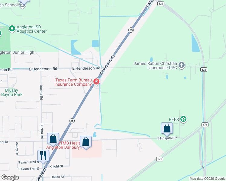 map of restaurants, bars, coffee shops, grocery stores, and more near 5 Rab Road in Angleton