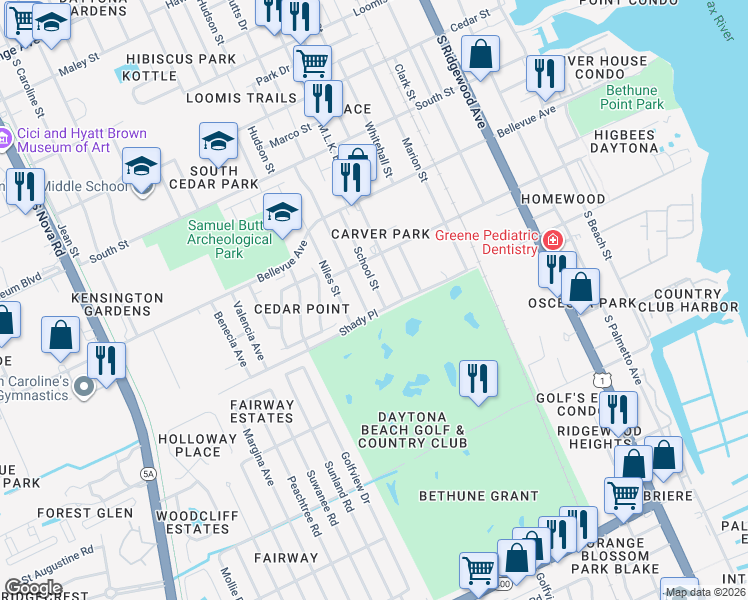 map of restaurants, bars, coffee shops, grocery stores, and more near 935 Vernon Street in Daytona Beach