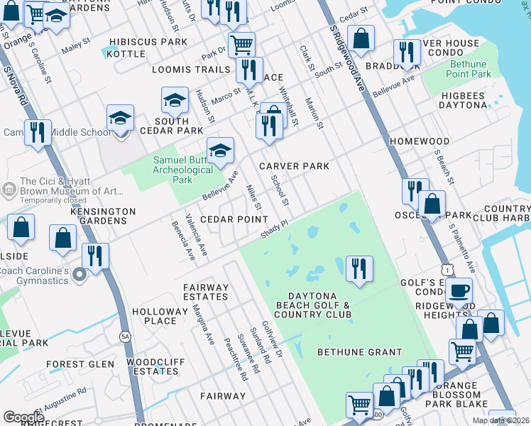 map of restaurants, bars, coffee shops, grocery stores, and more near 704 Kathy Court in Daytona Beach