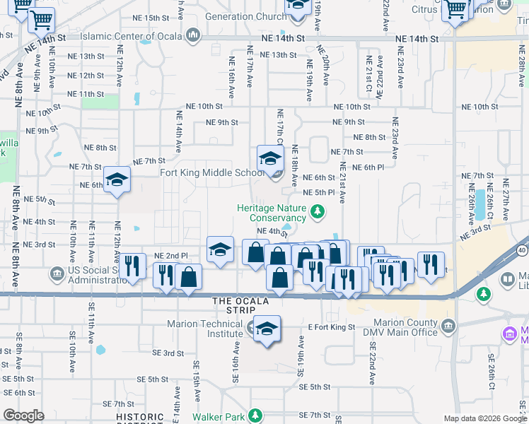 map of restaurants, bars, coffee shops, grocery stores, and more near 1727 Northeast 5th Street in Ocala