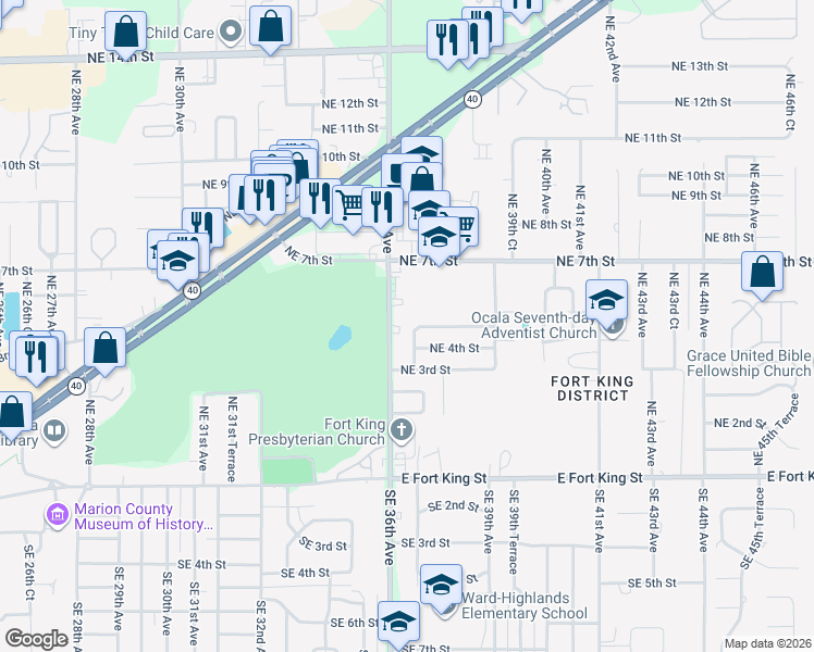 map of restaurants, bars, coffee shops, grocery stores, and more near 424 Northeast 37th Avenue in Ocala