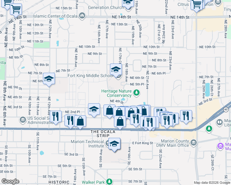 map of restaurants, bars, coffee shops, grocery stores, and more near 1727 Northeast 5th Street in Ocala