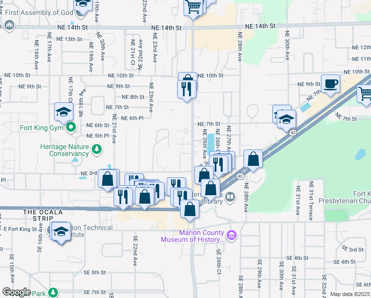 map of restaurants, bars, coffee shops, grocery stores, and more near 550 Northeast 25th Avenue in Ocala