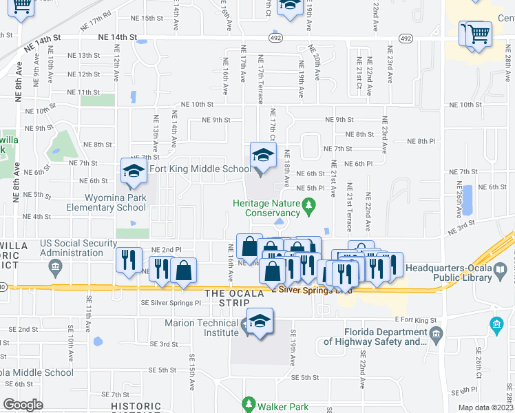 map of restaurants, bars, coffee shops, grocery stores, and more near 1715 NE 5th St in Ocala