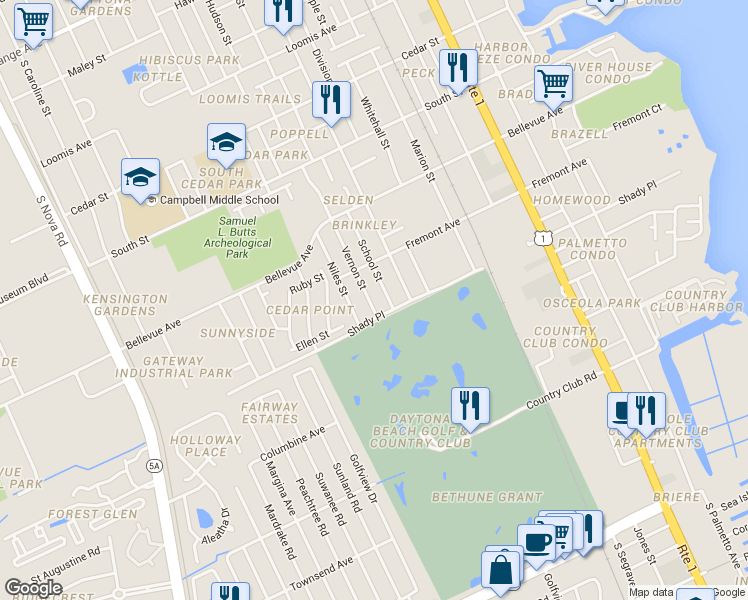 map of restaurants, bars, coffee shops, grocery stores, and more near 935 Vernon Street in Daytona Beach