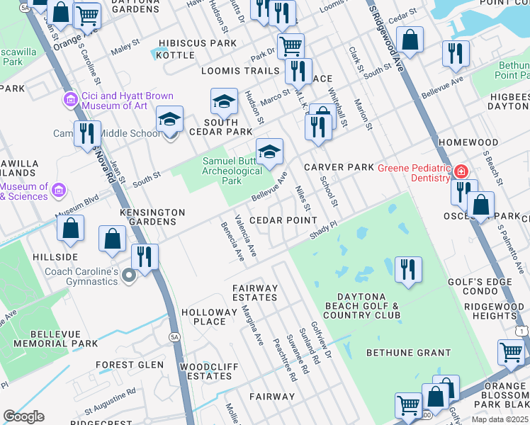 map of restaurants, bars, coffee shops, grocery stores, and more near 901 Lora Street in Daytona Beach