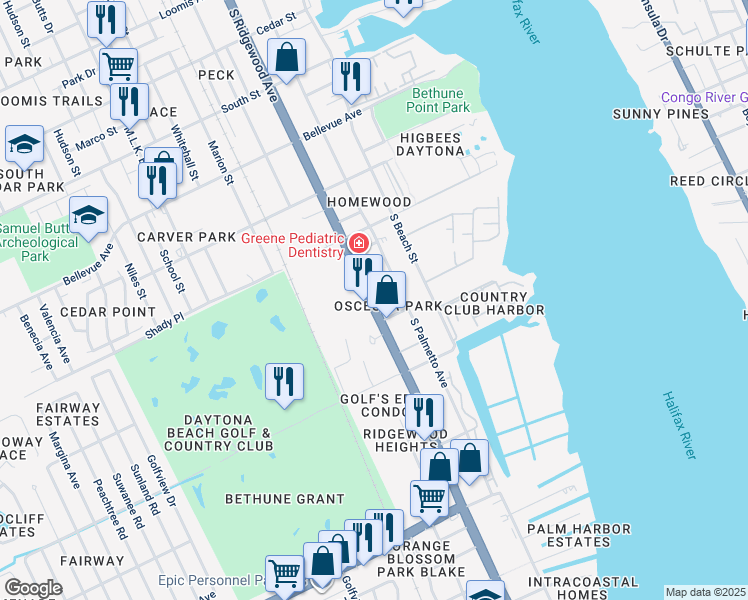 map of restaurants, bars, coffee shops, grocery stores, and more near 1132 Martha Drive in Daytona Beach